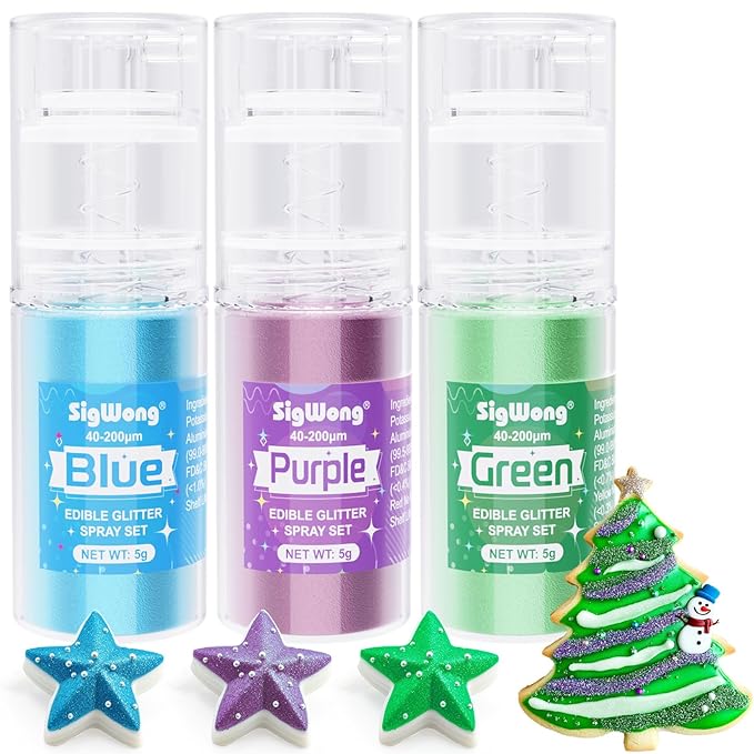 Edible Glitter Spray Set - 3 Color 100% Edible Glitter for Cakes, Cupcakes, Cake Pops, Drinks, Chocolate, Strawberries, Christmas Cookies, Food Grade Coloring Glitter, Blue, Purple, Green (5g/Bottle)