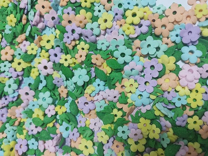 Edible Sugar Colorful Flowers Sprinkles Green Leaf Cake Cupcake Toppers Cookie Decorations Green Grass Sweet Dessert Sprinkle for Cake Decorating, 3.4 oz