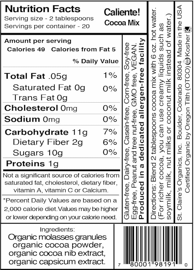 St. Claire's Organic Hot Cocoa, Caliente, 12 Ounce bag, 20 servings. Allergen-Free, Vegan, GMO-Free, Gluten-Free | Made in our Allergen-Free facility