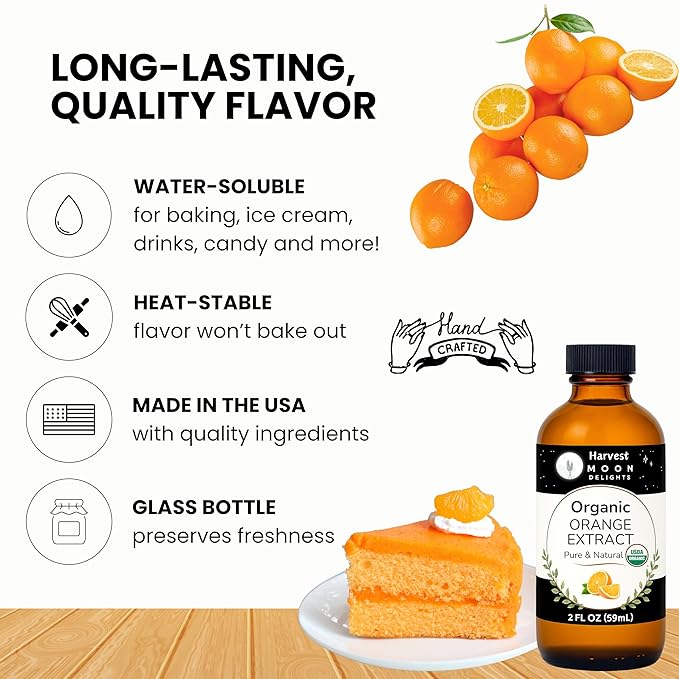 Organic Orange Extract for Baking, Ice Cream, Drinks, and Candy - 2 oz - Water-Soluble - By Harvest Moon Delights - Pure Orange Extract, Flavoring, Flavor