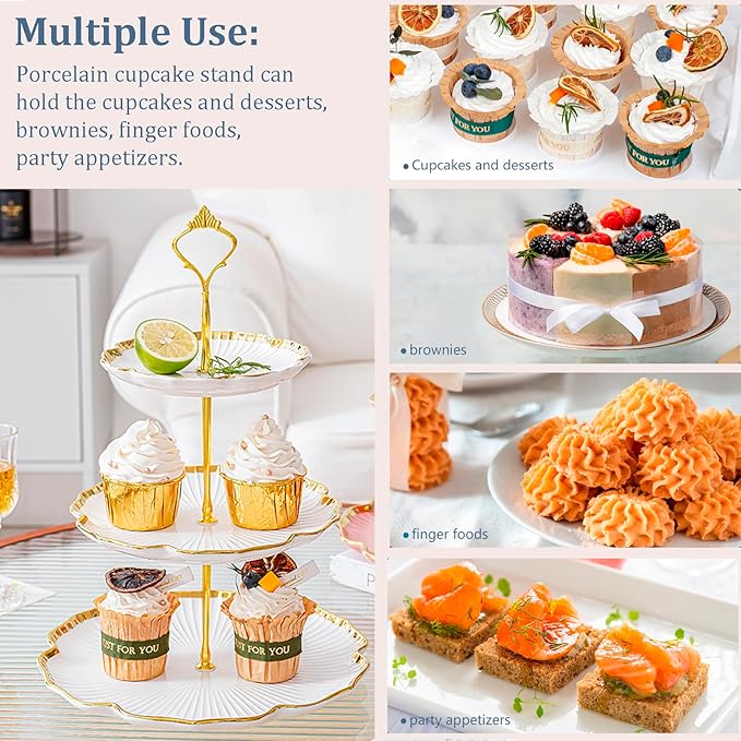 3 Tier Porcelain Serving Tray with Elegant Floral Gold Trim - Embossed Food Grade Tiered Cupcake Stand - Serving Stand for Parties & Weddings & Baby Showers