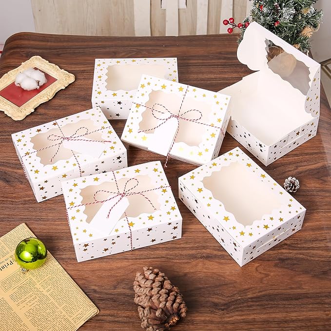 BEVOING 36 Pcs 8x6x2.5 Inches Christmas Cookie Boxes, White Bakery Boxes with Window Gold Foil Star 8 Inch Treat Boxes Pastry Pie Boxes for Chocolate Strawberries, Donuts, Cupcakes, Muffins and Dessert