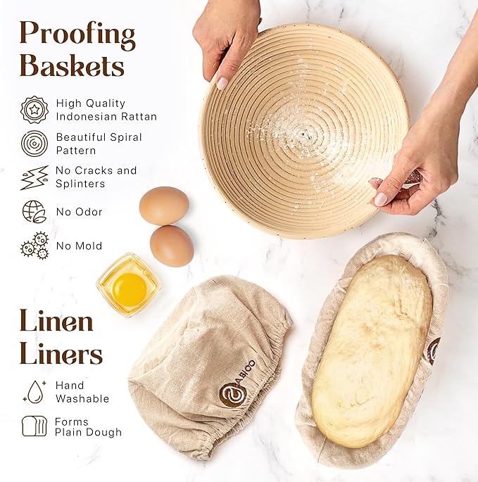 Sourdough Bread Making Kit with 10" Round & 11" Oval Bannetons and 40 oz Starter Jar – Complete Artisan Sourdough Kit with Lame, Whisk, Scrapers, Slings, Mat, Silicone Spatula & Cloth Covers
