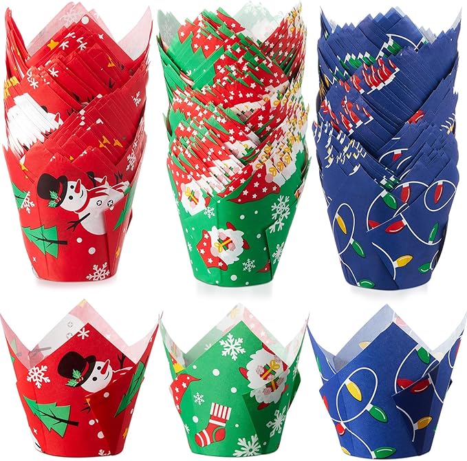 300 Pcs Jumbo Muffin Liners for Baking 2-1/4" x 4" Large Tulip Cupcake Liners Greaseproof Cupcake Wrapper Paper for Weddings Birthday Christmas Anniversaries Party (Christmas Color)