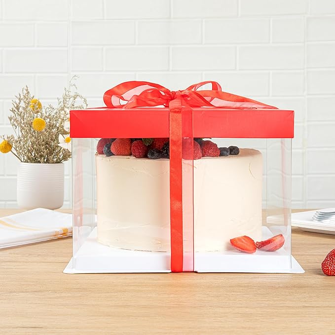 Restaurantware Sweet Vision 8.5 Inch x 6.75 Inch Transparent Cake Boxes 10 Grease Resistant Base Clear Cake Boxes - Red Lid Red Ribbon Plastic Birthday Cake Boxes For Weddings Or Birthdays
