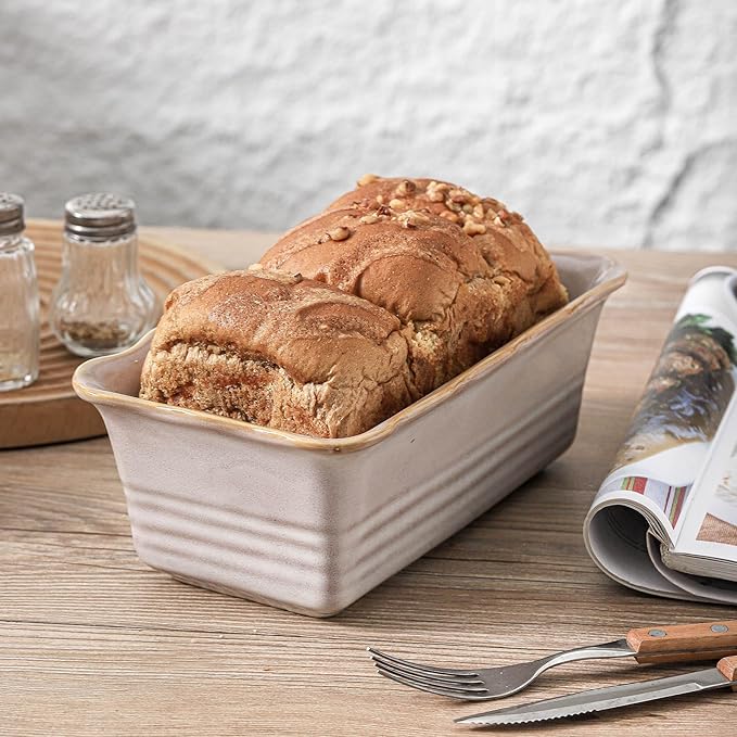 HVH Ceramic Loaf Pan for Baking Bread, Rectangular Baking Bread Loaf Pan, 9 x 5 inch Bread Pan, Bread Baking Pan for Cooking, Wave Series, Farmhouse Style (Sand Color)
