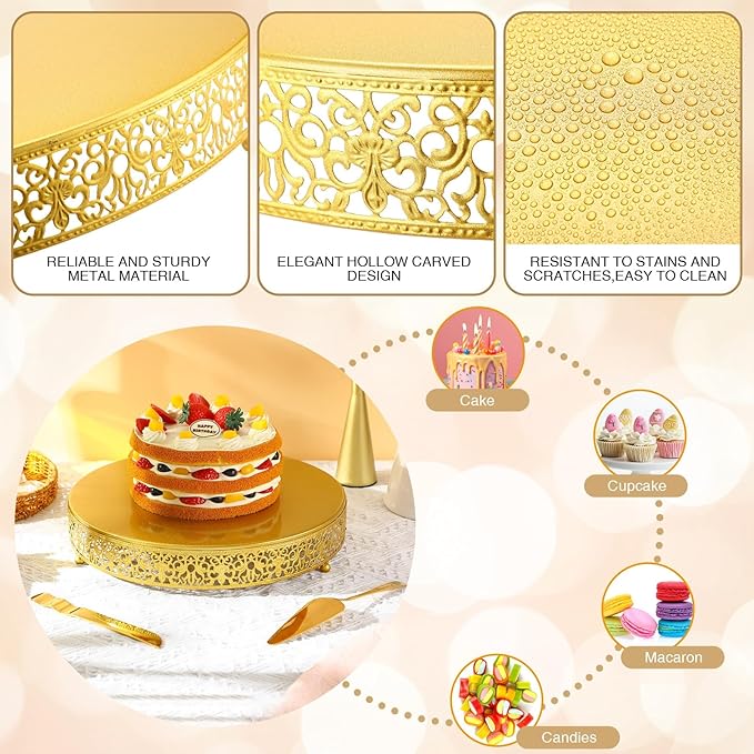 Wenqik 14 Inch Gold Cake Stand Set Metal Round Cupcake Dessert Stand with Cake Cutting, Spatula Cupcake Pastry Display Candy Holder Table Display for Wedding Party Birthday Baby Showers Anniversary