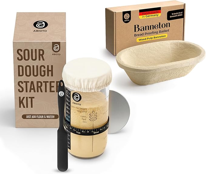 Sourdough Proofing Basket and Starter Jar Kit – 1.1 LB Oval Wood Pulp Banneton (Made in Germany) with 24 oz Sourdough Starter Jar, Thermometer Strips & Spatula – Beginner Bread Proofing Set
