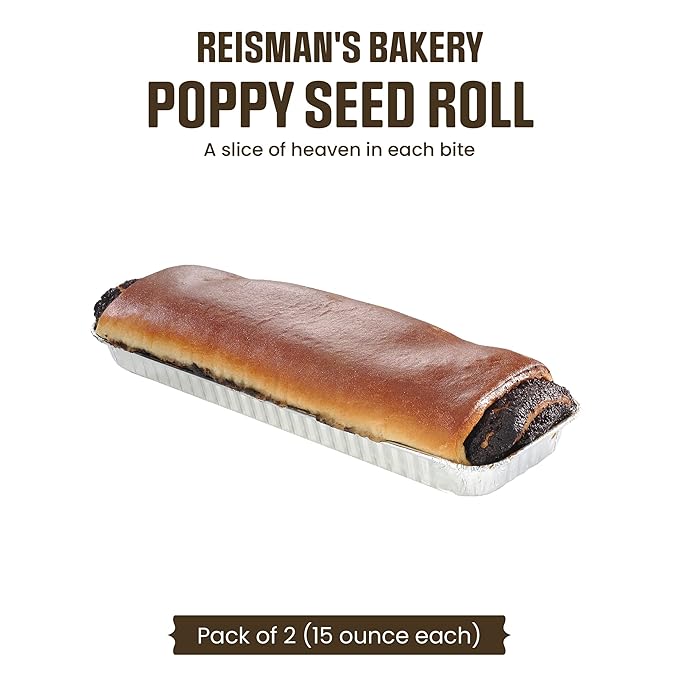 Reisman’s Bakery Poppy Seed Roll, Traditional Poppy Seed Filling, Dairy-Free Bakery Food, Delicious Dessert, Pack of 2, 15 Ounce Each