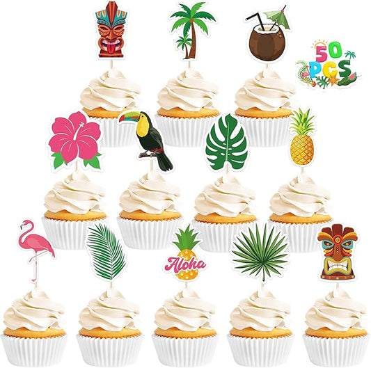 50 Pcs Tropical Cake Sticks, Disposable Tiki Flamingo Pineapple Palm Leaf Cake Toppers, Luau Cake Decorations for Summer Hawaiian Aloha Theme Events, Birthday, Wedding Party Supplies