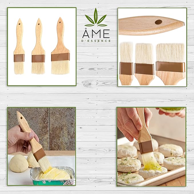 (Set of 3) AME D'ESSENCE 1"x 2" x4" Wide Boar Pastry Brushes, Wooden Handle, Heat Resistant Bristle Basting Brush, Baking Tool, and Food Preparation