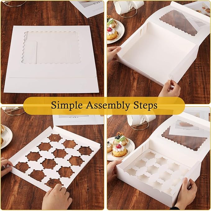 12-Count White Cupcake Boxes with Window and Insert, 13x10x3.5 Inch, Set of 10, Suitable for Cupcakes, Muffins, and Cookies