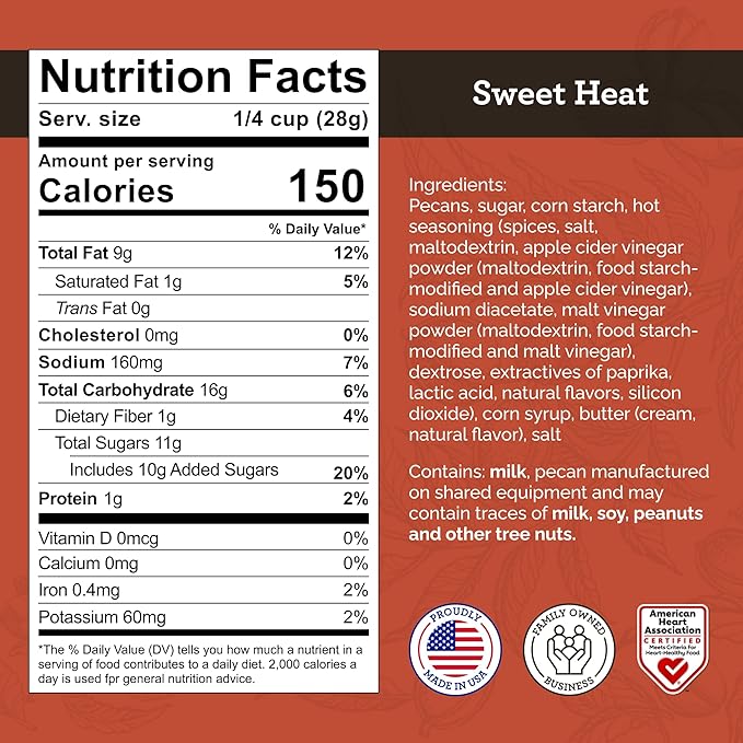 HUDSON PECAN COMPANY: Sweet Heat Georgia Pecans | Perfectly Balanced Roasted Sweet Flavor with a Little Kick (Heart Healthy Gourmet Candied Nut Snack, Great for Salads or Snacking), 8 oz Resealable Pouch