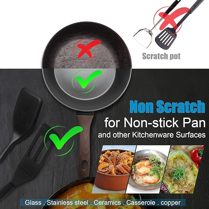 Patelai Mini Silicone Brownie Serving Spatula Flexible Nonstick Serve Turner Heat Resistant Cookie Slotted Spatula for Eggs in Small Frying Pan Cookie Batter Lemon Baked(Black,2 Pieces)