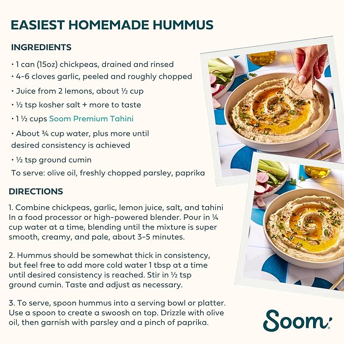 Soom Foods Ground Premium Sesame Tahini Paste 16oz (1 Pack) | Silky Smooth Texture in Hummus, Dips, Dressings | Vegan, Nut-Free, Gluten-Free, Kosher, Keto, Paleo, Whole30