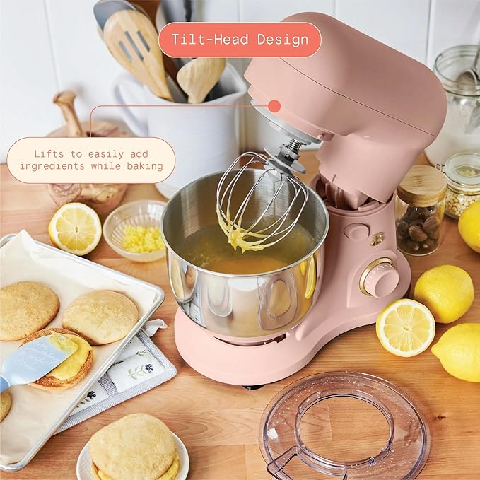 Beautiful 3.5 Qt Tilt-Head Stand Mixer | 12-Speed 300 W Motor | Stainless Bowl Beater, Dough Hook & Whisk by Drew Barrymore (Rose)