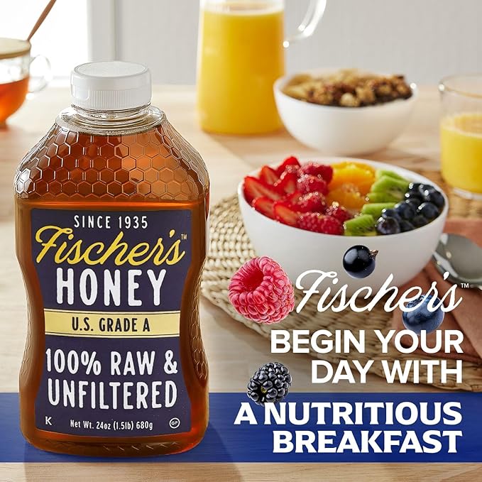 Fischer's 100% Pure, Raw & Unfiltered Honey – USA Made Honey, 24 oz – All-Natural Sweetener – Rich Flavor Profile, Packed with Nutrients