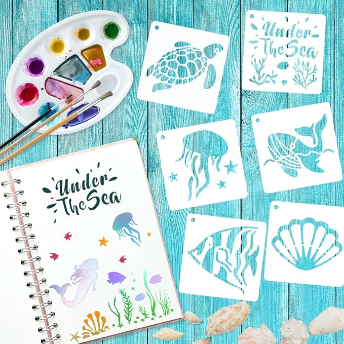 50 PCS Ocean Animal Painting Stencils Reusable Sea Stencils for Painting on Wood Rocks Canvas Fabric Glass Pottery 4x4 Inch