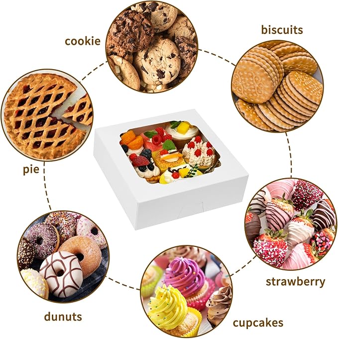 Moretoes 45pcs Bakery Boxes, 8x8x2.5 Inches Cookie Boxes with Window Treat Container for Pie, Strawberry Chocolate, Cakes, Pastries