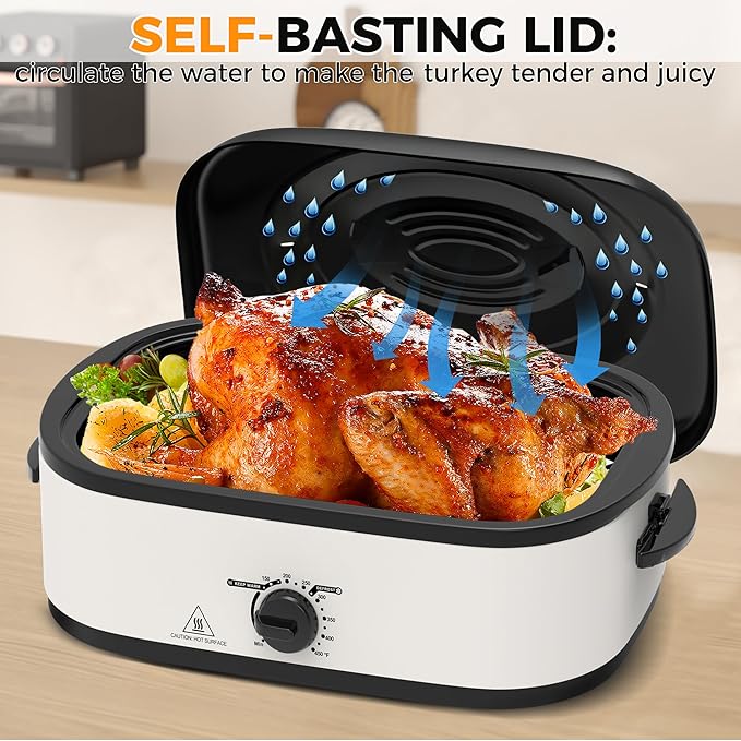 14 Quart Electric Roaster Oven, Turkey Roaster Electric, Roaster Oven Buffet, Selfbasting Lid, Removable Pan, Full-Range Temperature Control Cool-Touch Handles, White Body, Black Lid