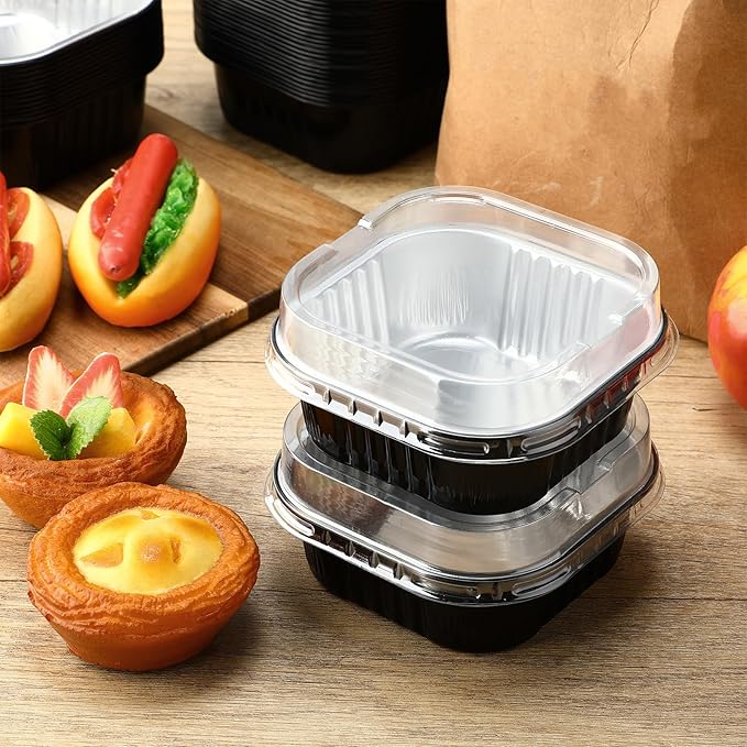 Aoriher 300 Pieces 10 oz Mini Cake Pans with Lids, Aluminum Foil Baking Cups, Square Disposable Cupcake Cups Baking Tins for Wedding Birthday Party Supplies(Black, Silver)