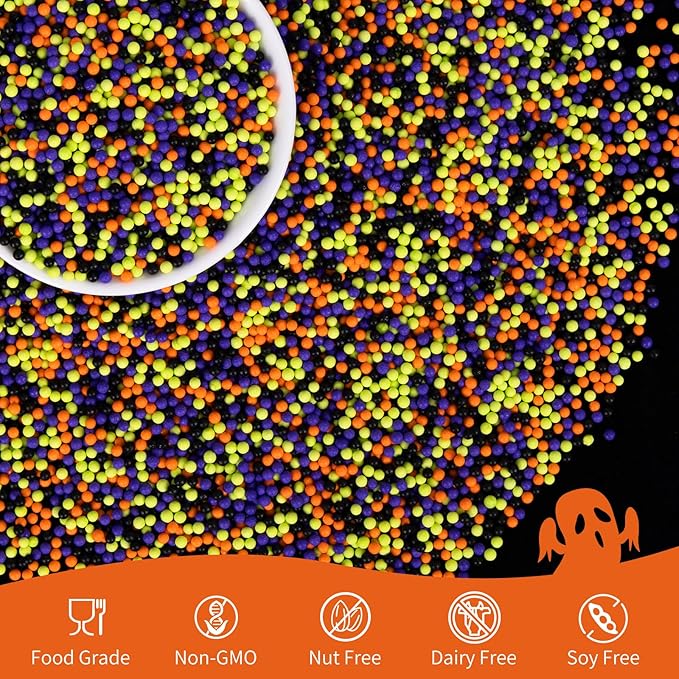 Edible Pearl Sprinkles,Nonpareils Purple Black Green and Orange Mix,130g/4.58oz,Cute Pearls Cake Candy,Mini Sugar Sprinkles for Decorations Baking,Cake Ice Cream Cookies Cupcake Toppe Chocolate,Birthday Thanksgiving Christmas Supplie