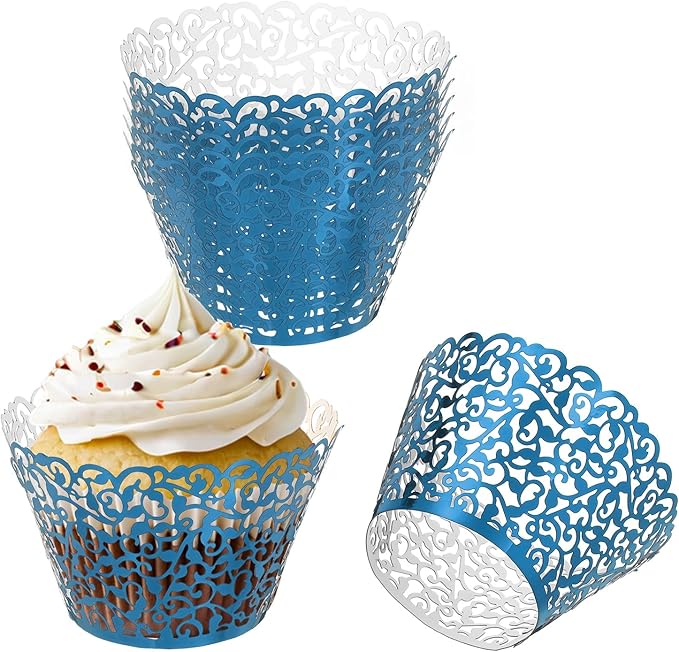 PATIKIL Cupcake Wrappers Paper, 50 Pack Baking Cups Standard Vine Decoration for Anniversary Birthday Weddings and Parties, Reflective Blue