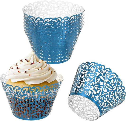 PATIKIL Cupcake Wrappers Paper, 50 Pack Baking Cups Standard Vine Decoration for Anniversary Birthday Weddings and Parties, Reflective Blue