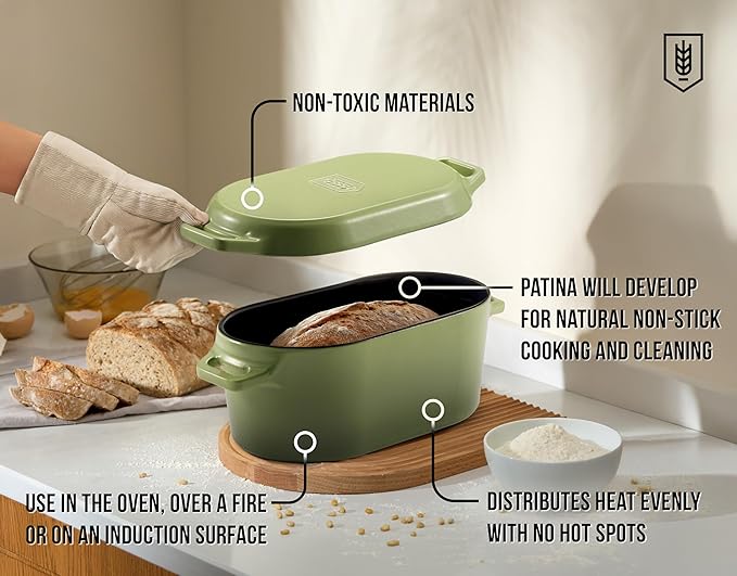 KooK Dutch Oven, for Bread Baking, Sourdough Loaf Pan, Dual Handles, Enameled Cast Iron, with Sling, Dishwasher Safe, 3.4 Qt, Sage Ombre