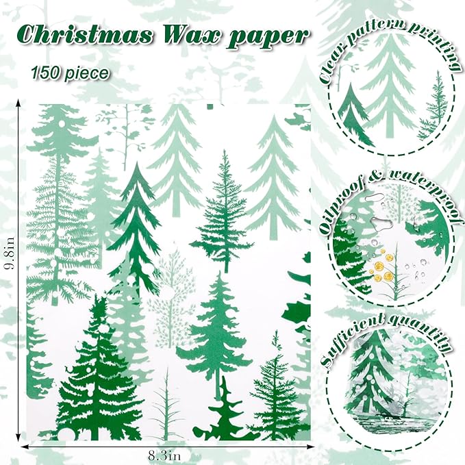 150Pcs Christmas Tree Deli Paper, 9.8 x 8.3'' Forest Grease Proof Food Deli Sheets, Resistant Sandwich Wrap Liners Greaseproof Food Wax Paper for Xmas Winter Party Supplies (Bluish Green)