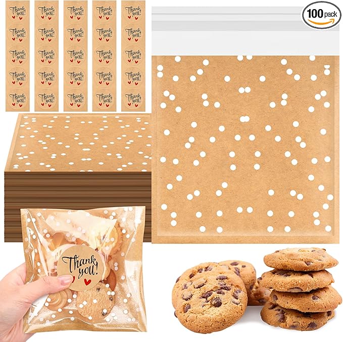 Self Adhesive Cookie Bags Cellophane Polka Dot Treat Bags Small Plastic with Thank You Stickers for Party Gift Giving Bakery Biscuit Candy Pastry(5.6 x 5.6 Inch,Small Dot,100 Pcs)