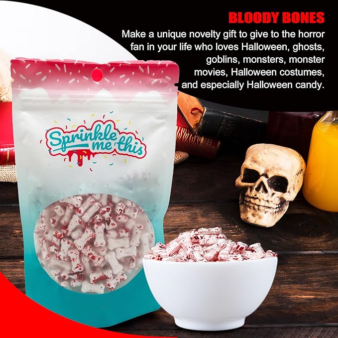 Bloody Bones Treat Toppers - 8 oz Resealable Stand Up Candy Bag - White Candy Bone Shaped Sprinkles w/ Red Splashes - Halloween Themed Sprinkles for Holiday Desserts and Snacks