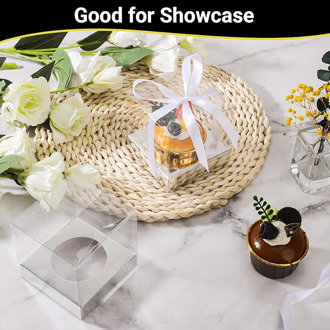 EUSOAR Clear Cupcake Wrappers, 12pcs 3.5 Inch Plastic Individual Tall Cupcake Box, Single Transparent Cupcake Holder Carrier with Ribbon and Inserts for Wedding Party Favor- Silver