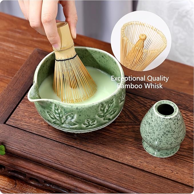 7 Pcs Matcha Whisk Set, Ceremony Matcha Kit with Matcha Bowl, Bamboo Whisk and Holder, Scoop and Scoop Rest, Sifter and Tea Towel, Gift for Matcha Lovers (Mottled Green/Maple Leaf-Patterned)
