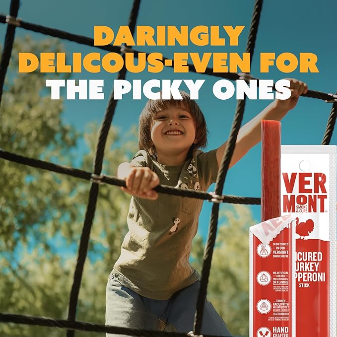 Vermont Smoke & Cure - Turkey Uncured Pepperoni Meat Sticks - Protein Snacks - On the Go Healthier Snack for Adults & Kids - 24 Count