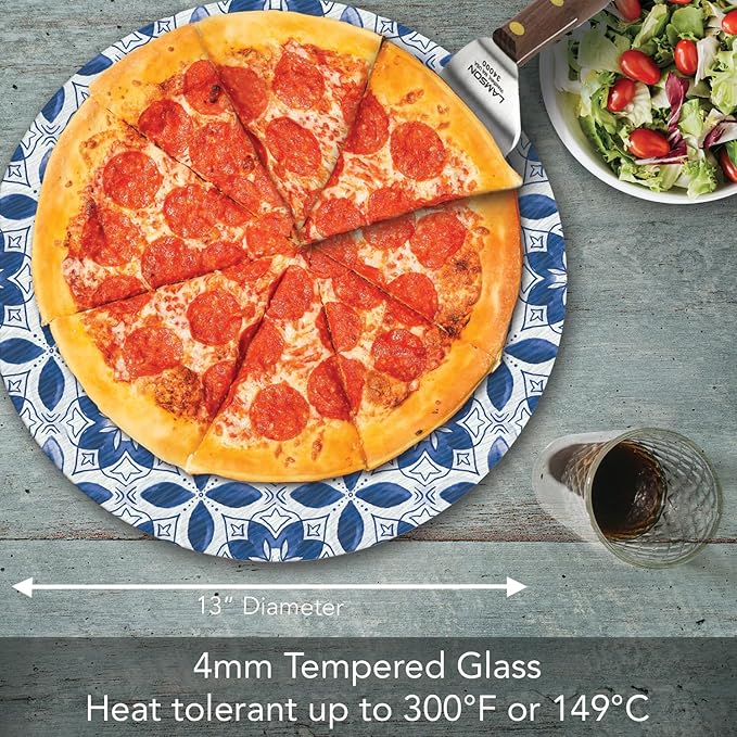 CounterArt Blue Pattern 4mm Tempered Glass Lazy Susan Turntable 13" Diameter Condiment Caddy Cake Plate Pizza Server