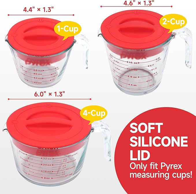 Silicone Lids Fits 1 Cup & 2 Cup & 4 Cup Pyrex Tempered Glass Liquid Measuring Cups, Food-Grade Silicone Replacement Lid, Red, Microwave & Dishwasher Safe - 3 Pack, Lid Only