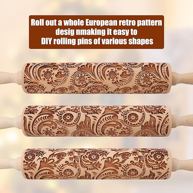 17" Premium Wooden Rolling Pins for Baking with European Embossed Designs | 3mm Deep Springerle Cookie Molds | Christmas Rolling Pin & Baking Gifts for Women | Includes 3-in-1 Cleaning Brush