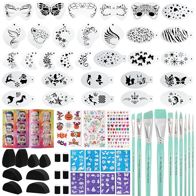 61-Piece Deluxe Face Painting brushes and Stencils Kit - Safe Non-Toxic face paint Stencils Set with 10 Pro Brushes, 8 sponges, 31 Reusable Stencils, 8 Stencils&More - For Carnival, Halloween&Parties