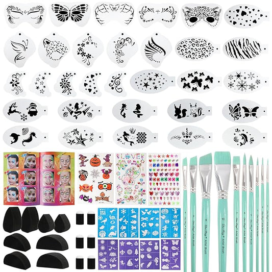 61-Piece Deluxe Face Painting brushes and Stencils Kit - Safe Non-Toxic face paint Stencils Set with 10 Pro Brushes, 8 sponges, 31 Reusable Stencils, 8 Stencils&More - For Carnival, Halloween&Parties