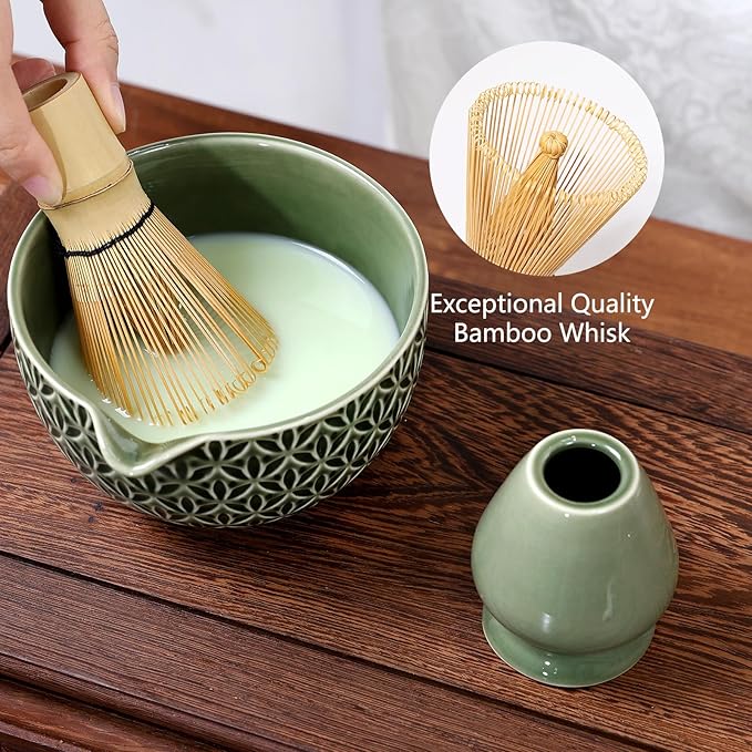 7 Pcs Matcha Whisk Set, Ceremony Matcha Kit with Matcha Bowl, Bamboo Whisk and Holder, Scoop and Scoop Rest, Sifter and Tea Towel, Gift for Matcha Lovers (Green/Bamboo Leaf-Patterned)