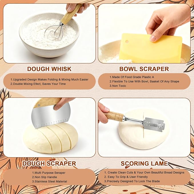 Sourdough Starter Kit,Sourdough Bread Baking Supplies, 9" Round and 10" Oval Banneton Bread Proofing Basket Set with Sourdough Starter Jar, Sourdough Bread Making Tools Kit Gifts for Women Wife Mom