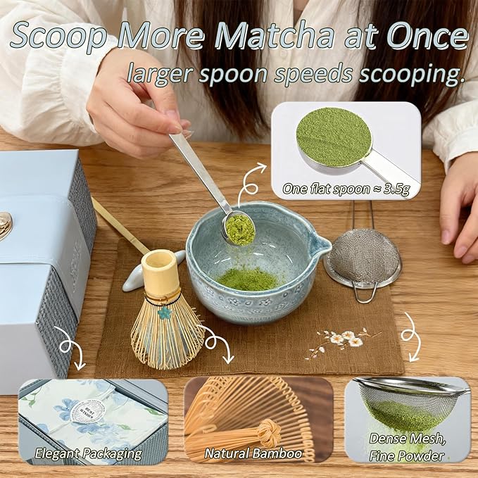 8Pcs Matcha Whisk Set, Matcha Set Includes Ceramic Matcha Bowl, Whisk and Holder, Bamboo Scoop, Scoop Rest, Sifter, Measuring Spoons and Tea Towel Tea Kit Gift Set for Women (Blue)