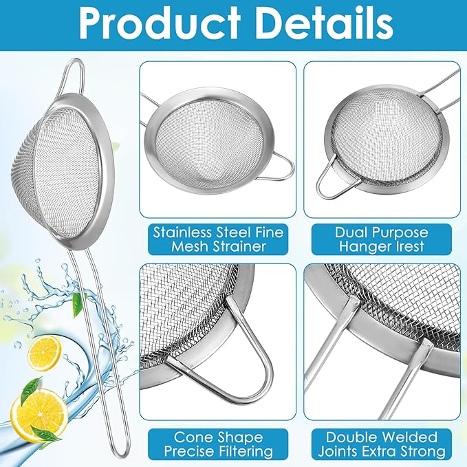20 Packs Stainless Steel Small Strainer, Steel Cone Shaped Cocktail Strainer, Tea Herbs, Coffee Drinks, Long Handle for Coffee Food, 3.2 Inches Silver