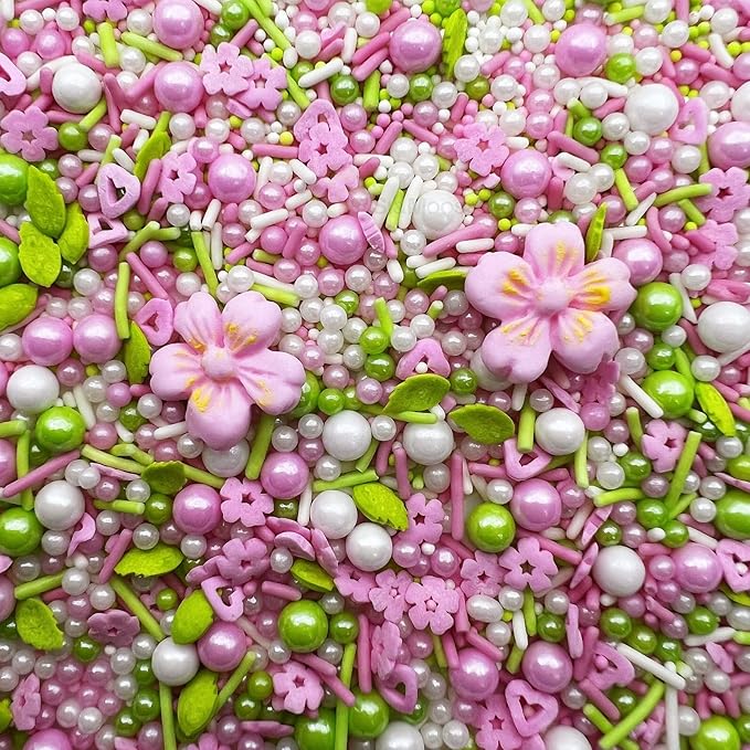 Edible Pink Flowers for Cake Decorating Edible Mini Sugar Flowers Pink and Green Pearl Sprinkles Spring Sprinkles Baby Shower Cake Decorations Christmas Cookie Decorations 3.5 OZ with Tweezers