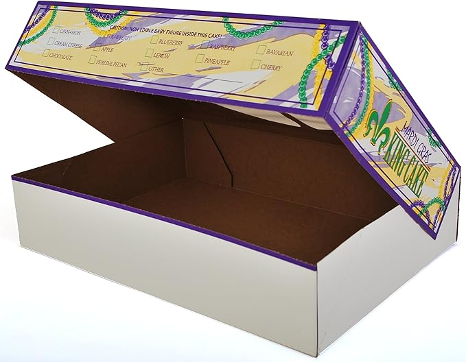 SCT Mardi Gras King Cake Window Boxes, 14 x 10 x 3, Green/Purple/White, Paper, 100/Carton
