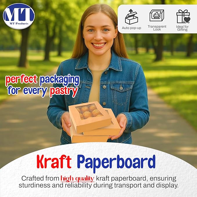 MT Products Brown Cookie Boxes 8" x 8" x 2.5" - Auto Pop-Up Bakery Boxes with Window (Pack of 25) - Made in the USA