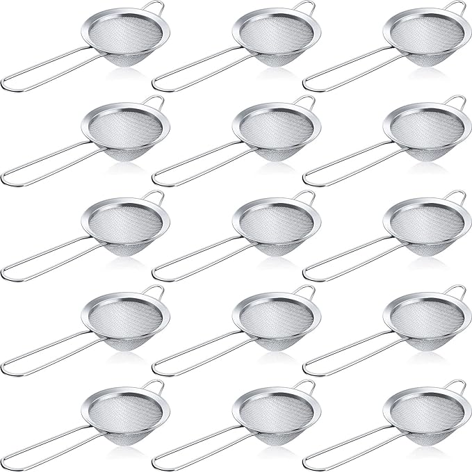 Yungyan 15 Packs Fine Mesh Small Strainer 3.3" Cocktail Strainer Stainless Steel Tea Strainers Mini Sieve Sifter for Juice, Tea Herbs, Coffee Drinks, Long Handle(Silver)