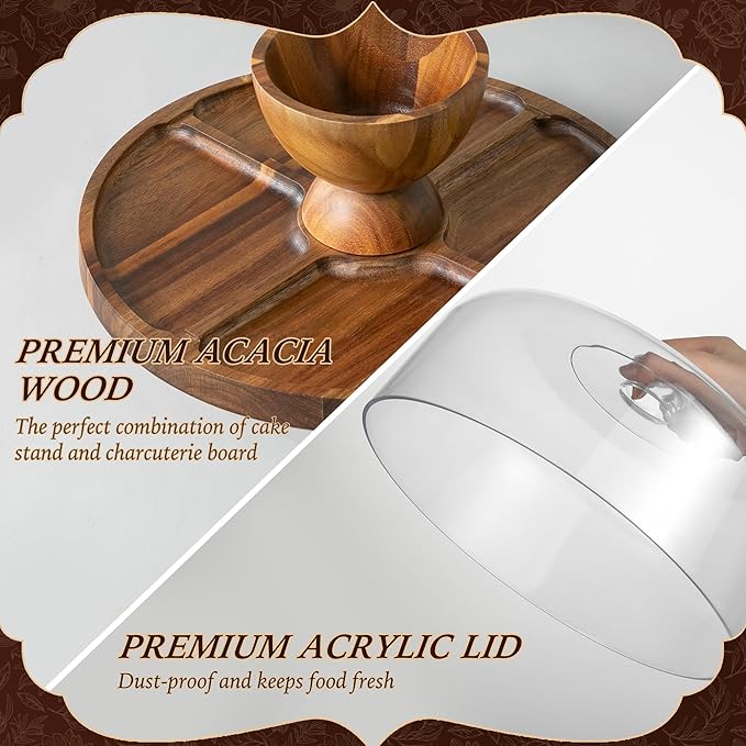 Acacia Wood Cake Stand with Lid,12in Round Acrylic Cake Stand with Dome,2-In-1 Reversible Charcuterie Board with Lid,Large Wooden Baked Goods Display Holder,Perpare For Dessert,Cheese,Chips,Cookie