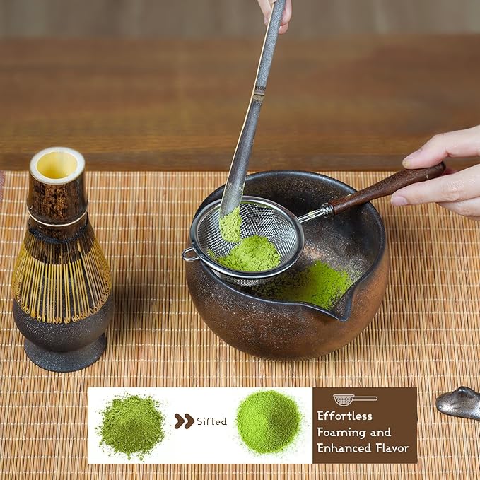 7-Piece Matcha Set, Ceramic Matcha Bowl, Bamboo Whisk (Chasen), Whisk Holder, Sifter, Tea Scoop & Scoop Rest, Special Bamboo Tea Mat, Harmonious Color Matcha Making Kit, Gilded